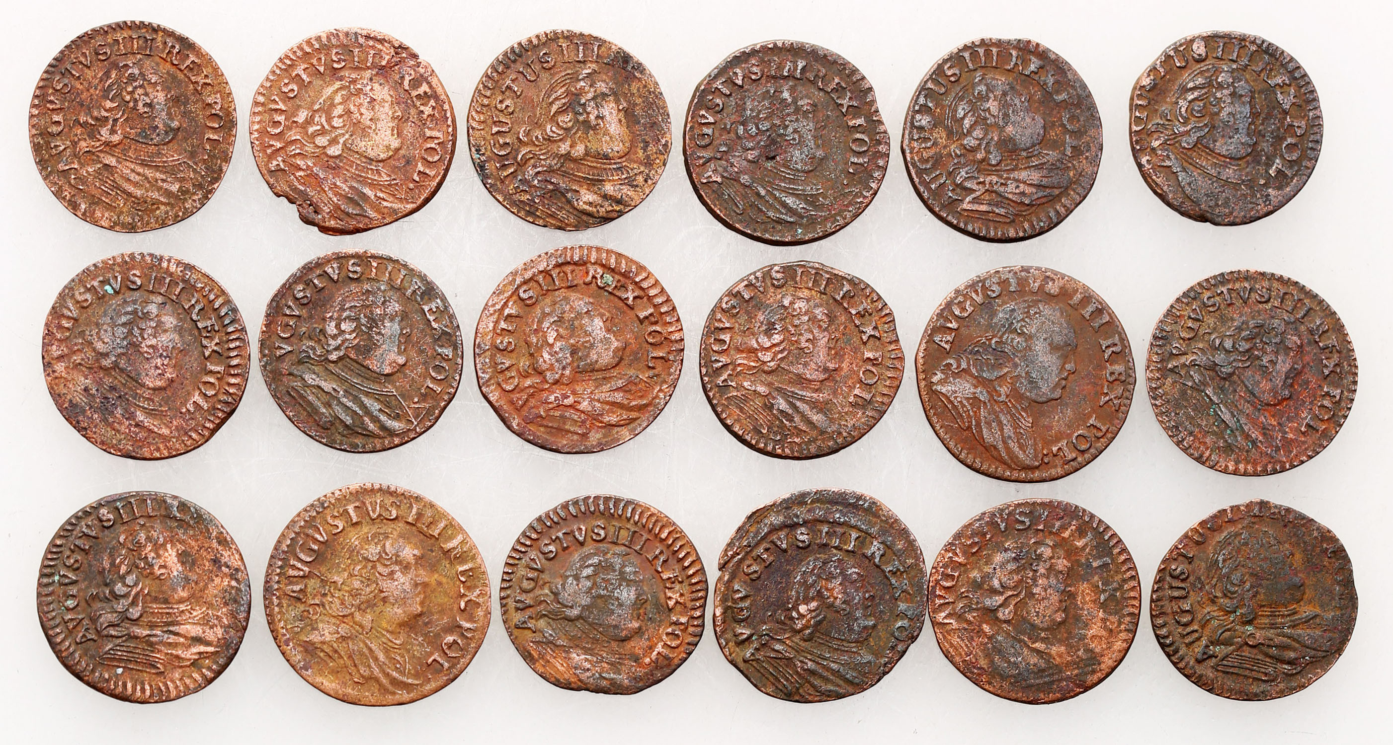 August III Sas. Szeląg 1751-1755, zestaw 18 monet